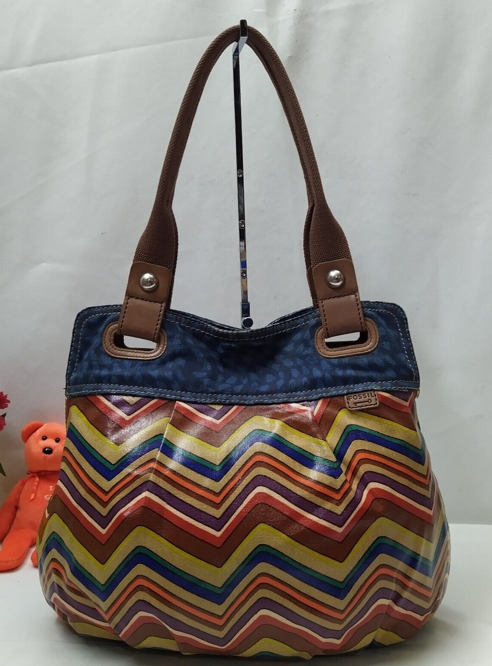 Fossil Key Per Multicolor Coated Canvas Stripe Double Handle Tote Shoulder Bag
